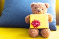 Close Ã¢â¬â up teddy bear. Teddy bear and yellow gift box with Pillow. Royalty Free Stock Photo